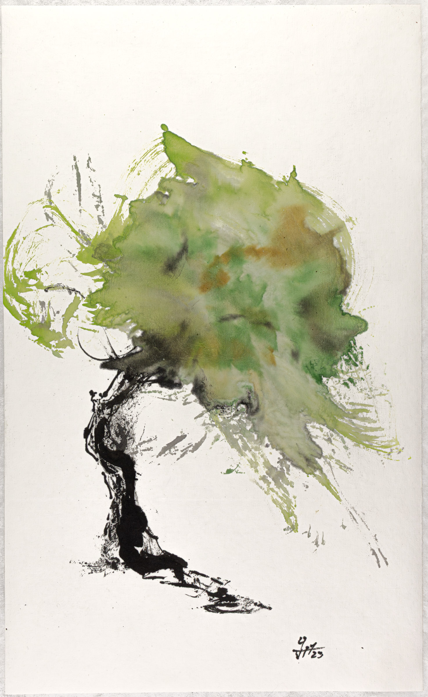 lavis à l'encre de chine verte et noire représentant un arbre isolé qui semble remuer la tête