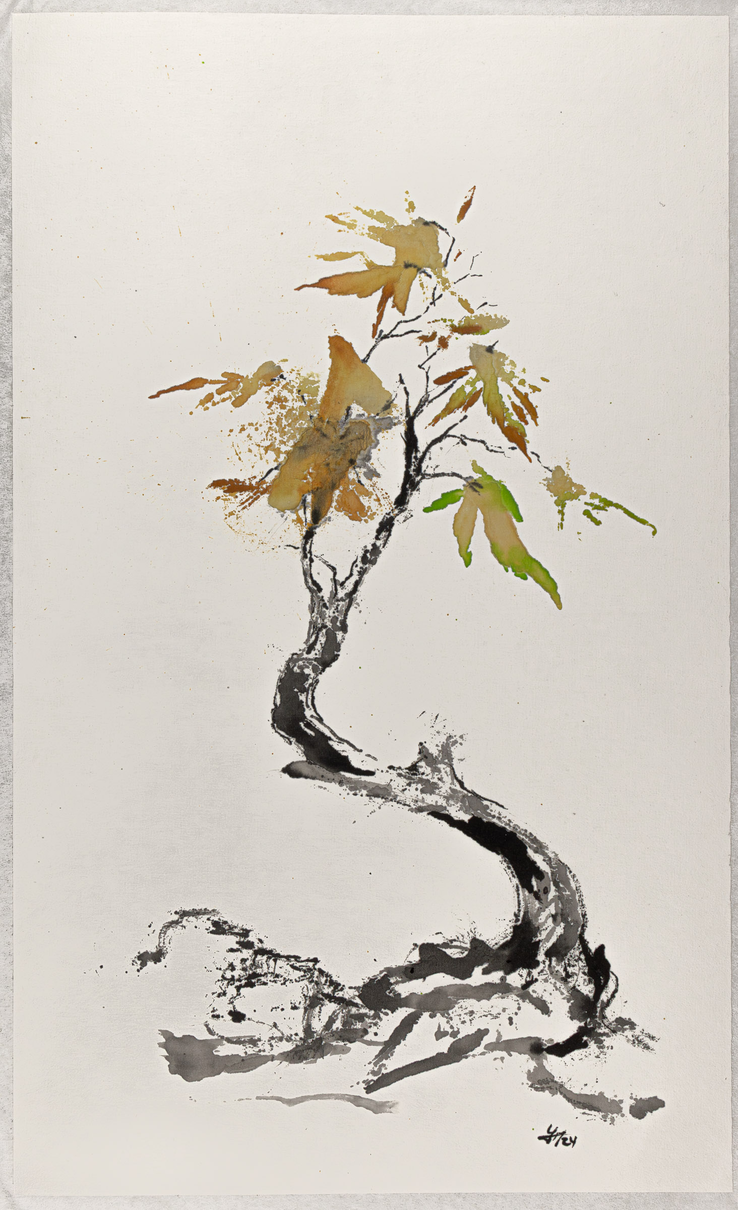 peinture à l'encre représentant un jeune érable aux couleurs d'automne